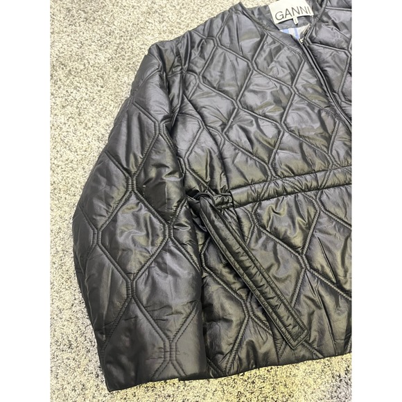 GANNI Black Quilted Ripstop Jacket Tie Waist Collarless Zip Up Womens Size L - Picture 6 of 13